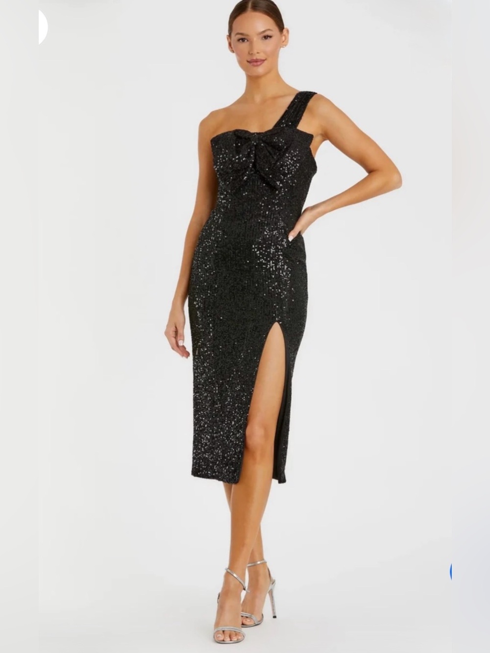 NWT IEENA FOR MAC DUGGAL Black Sequined One Shoulder Front Bow Dress | Size 8